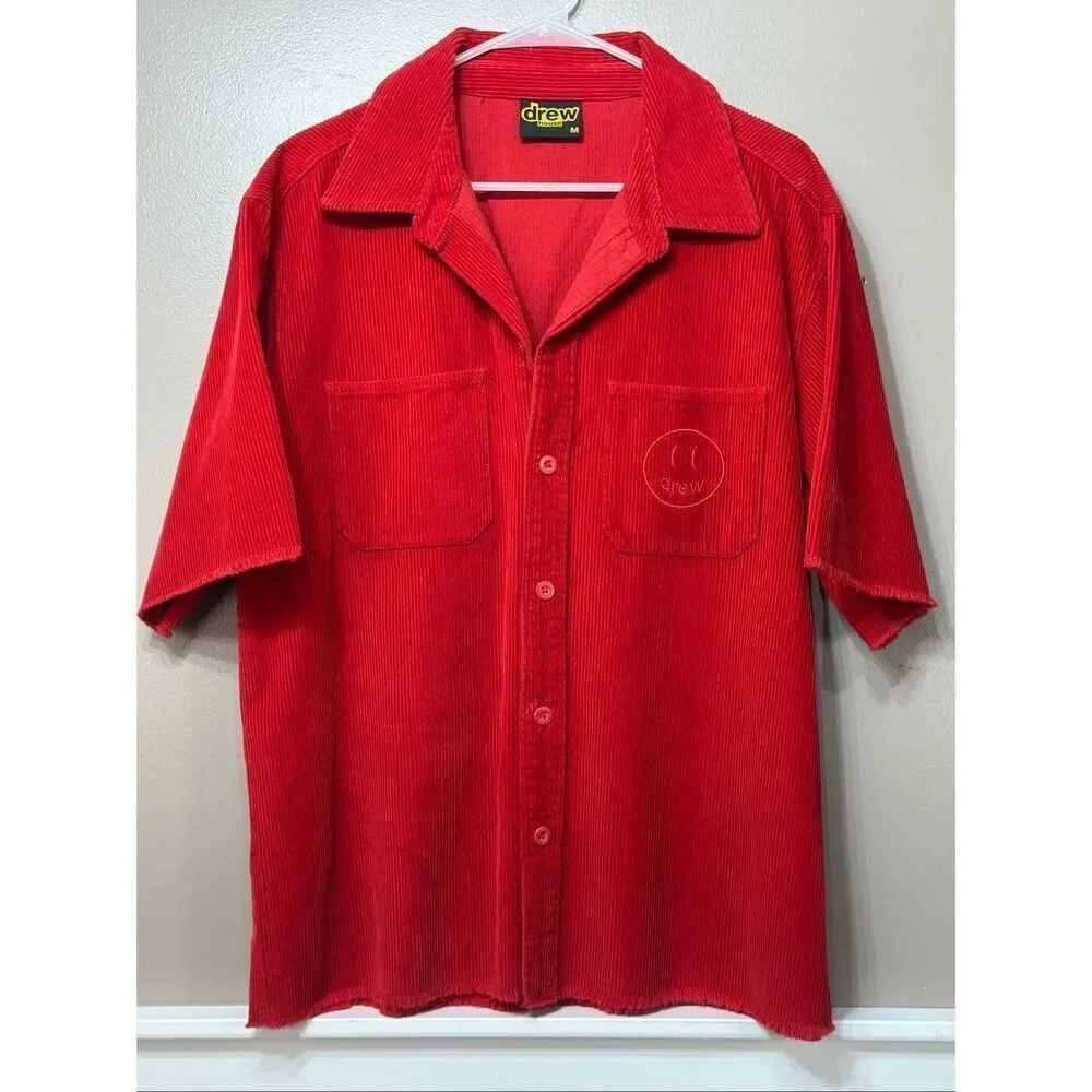 NWOT Drew House SS21 Cherry Red Corduroy Button Up Short Sleeve Shirt Men's M